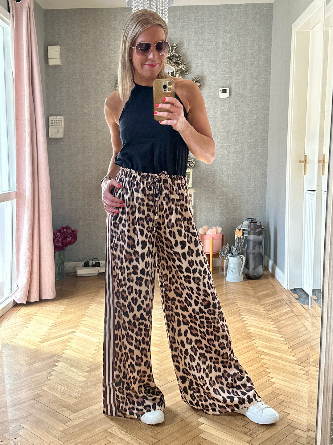 Leopard Print Stripe Satin Trousers