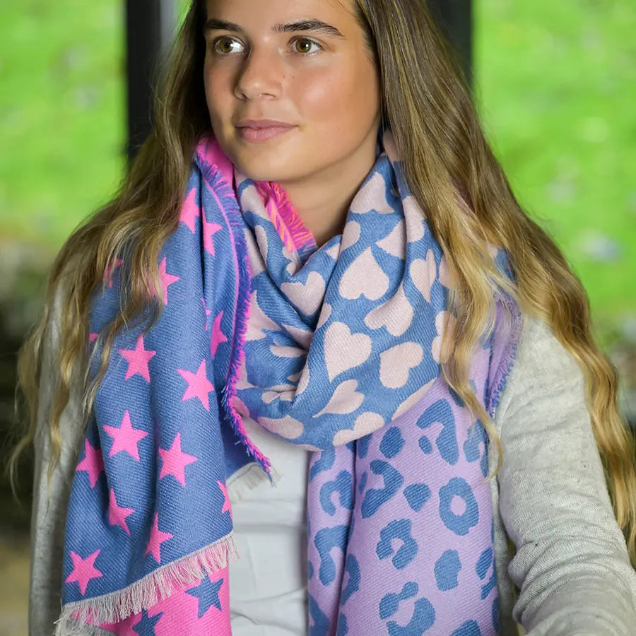 Pom Heart & Star Scarf, Blue & Pink