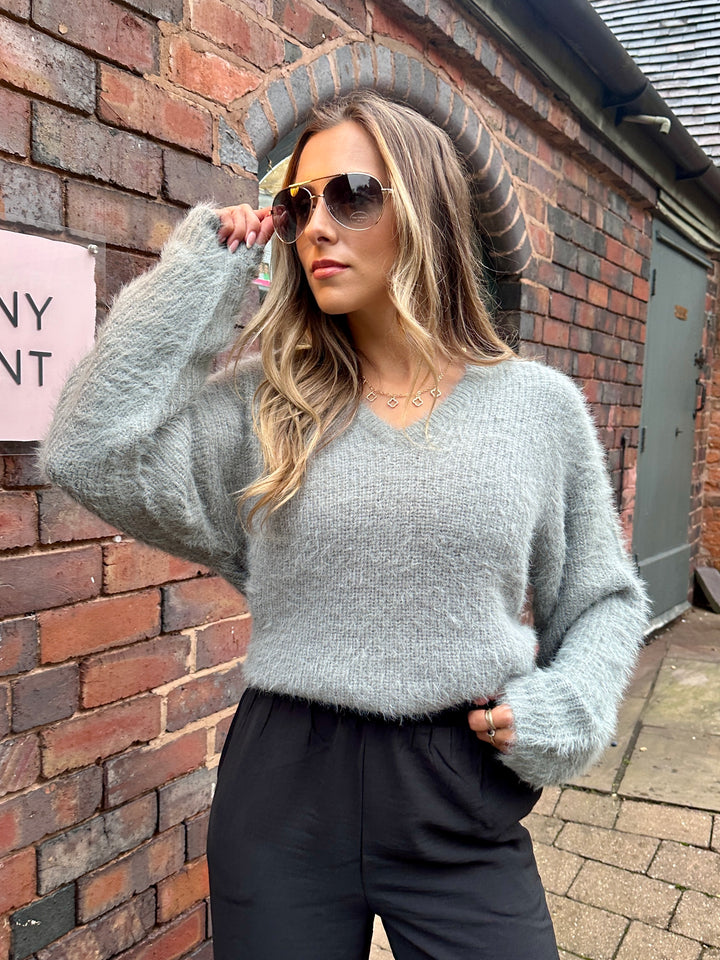 Byoung Byokkie Grey V-Neck Fluffy Jumper