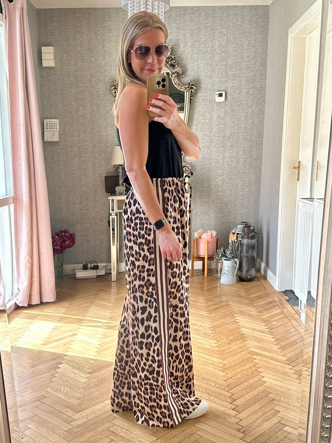 Leopard Print Stripe Satin Trousers