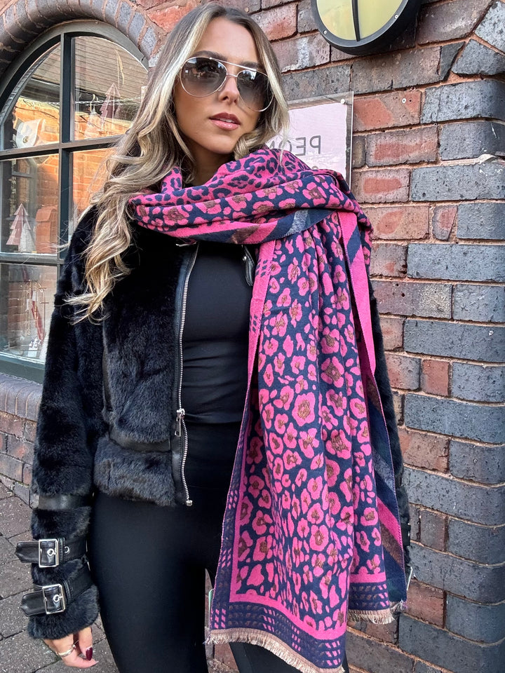 Pom Leopard Print Scarf, Navy & Pink