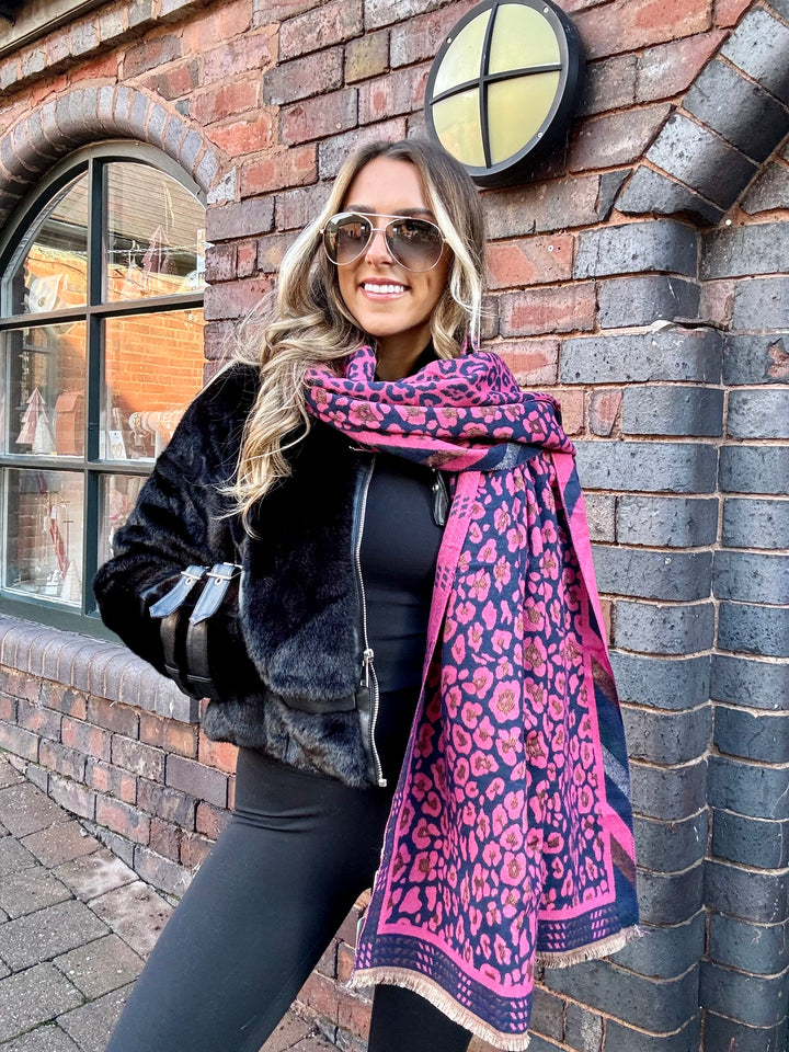 Pom Leopard Print Scarf, Navy & Pink