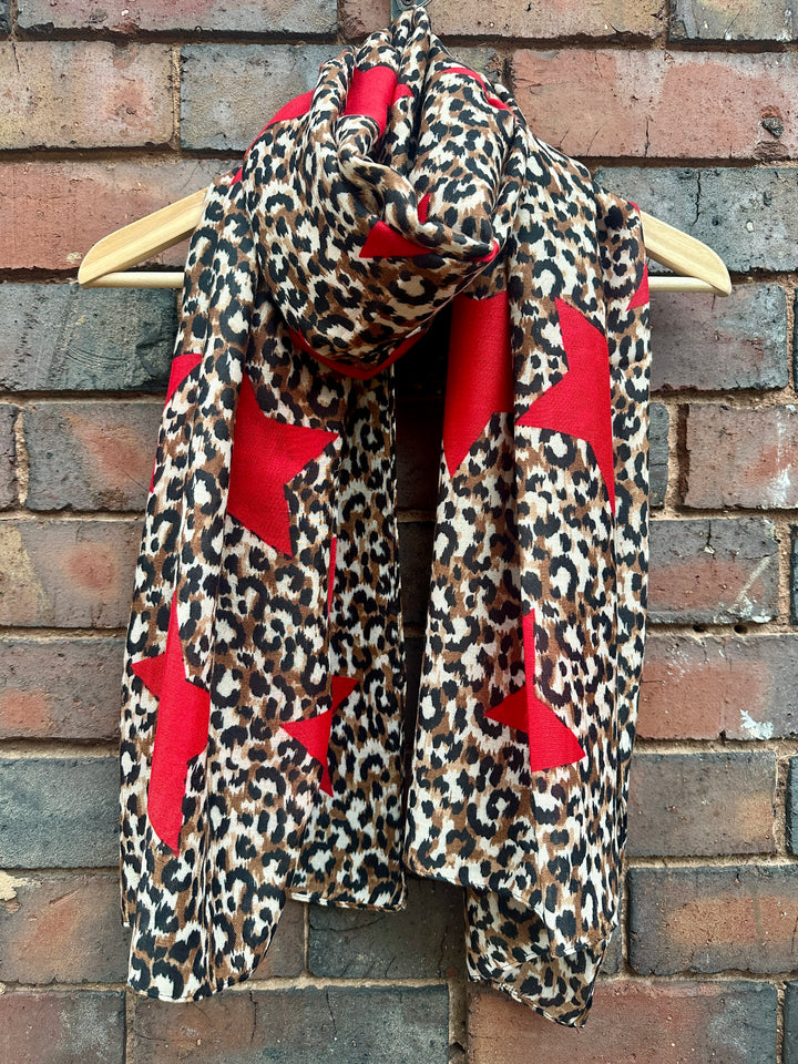 Recycled Leopard Star Scarf, Brown & Red