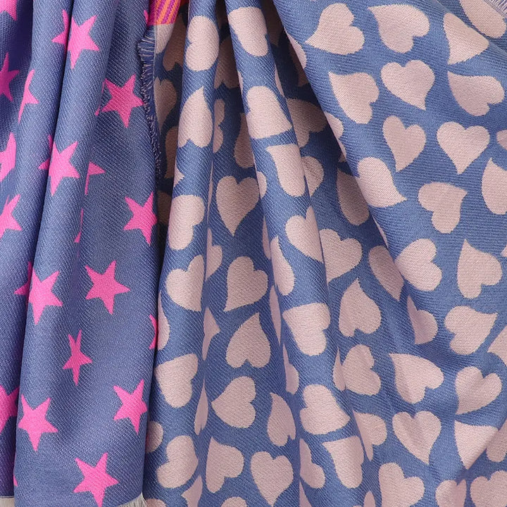 Pom Heart & Star Scarf, Blue & Pink