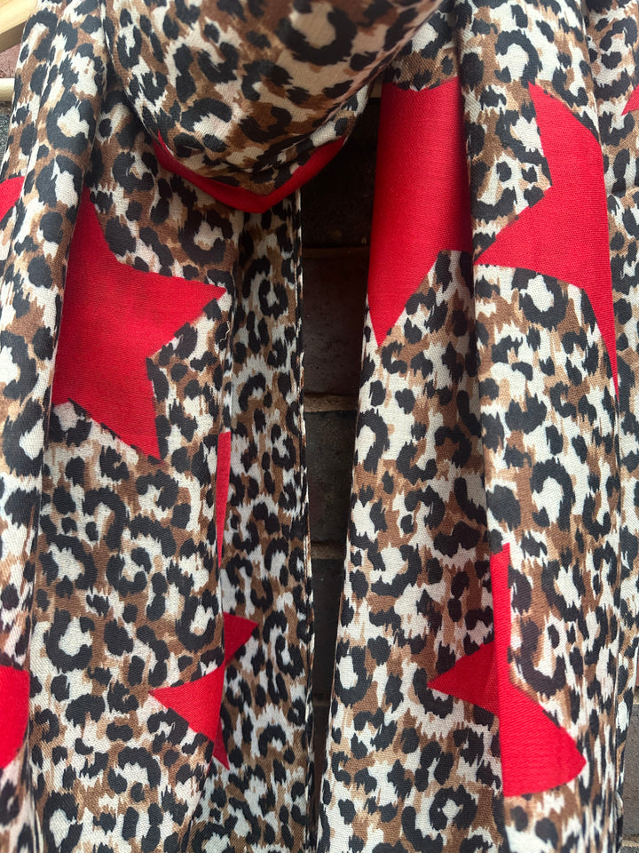 Recycled Leopard Star Scarf, Brown & Red