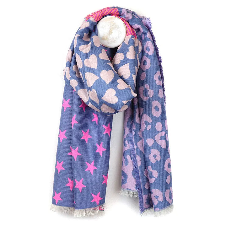 Pom Heart & Star Scarf, Blue & Pink