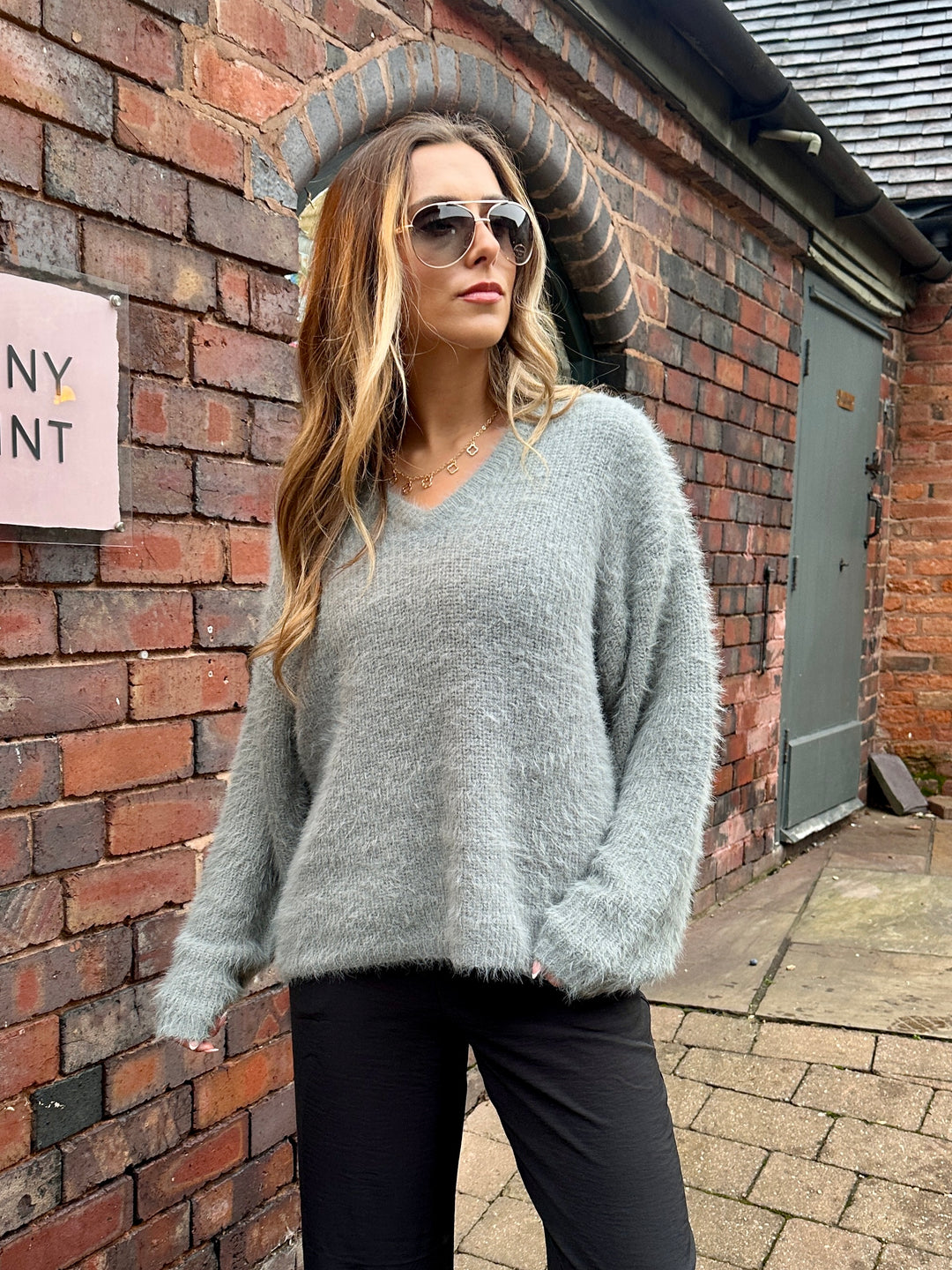 Byoung Byokkie Grey V-Neck Fluffy Jumper