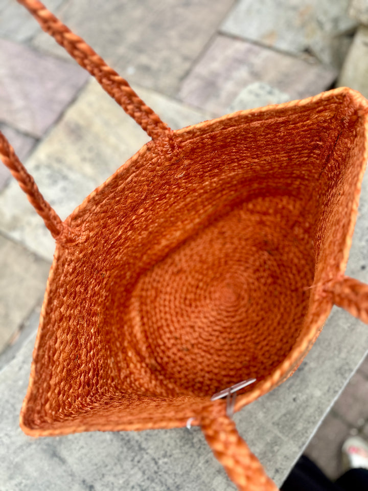 POM Orange & Gold Basket Beach Bag