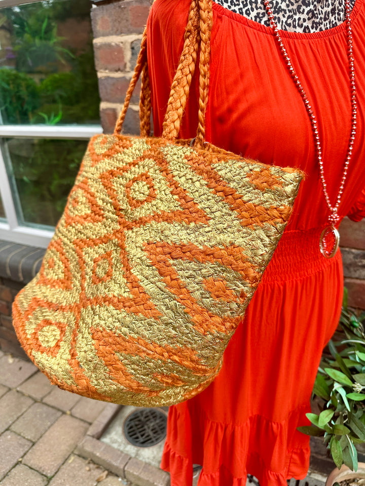 POM Orange & Gold Basket Beach Bag