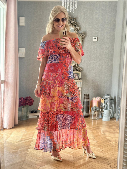 Marbella Paisley Patchwork Bardot Maxi Dress