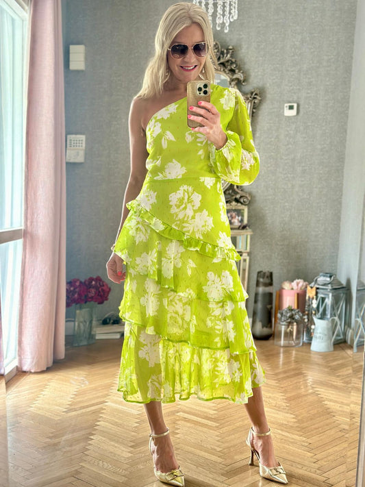 Lima Lime One Shoulder Assym Tiered Midi Dress