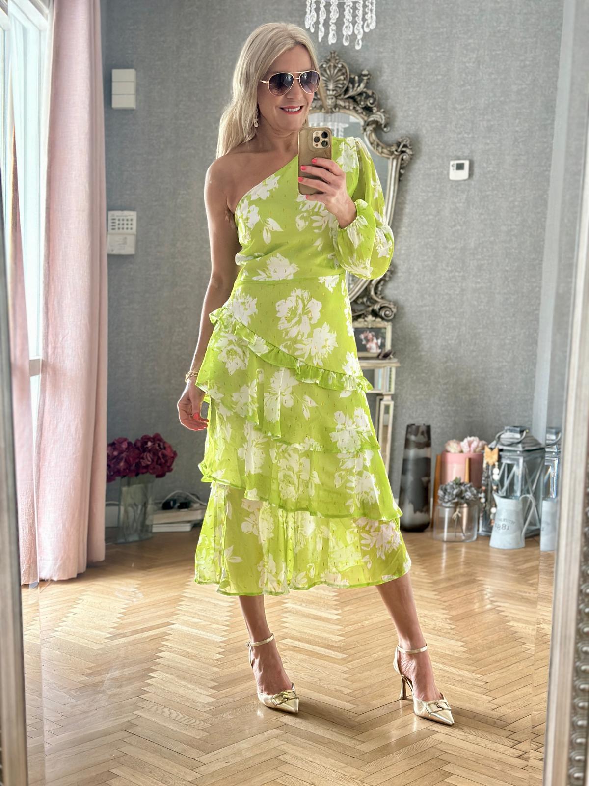 Lima Lime One Shoulder Assym Tiered Midi Dress