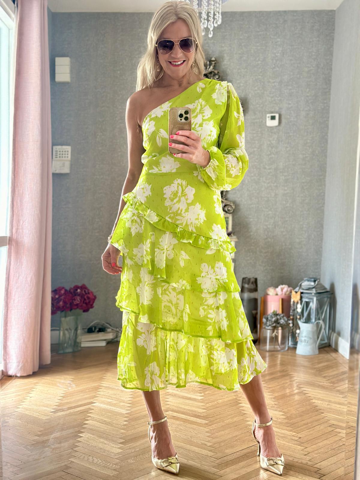 Lima Lime One Shoulder Assym Tiered Midi Dress