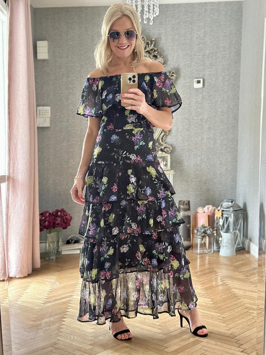 Marbella Black Floral Bardot Maxi Dress