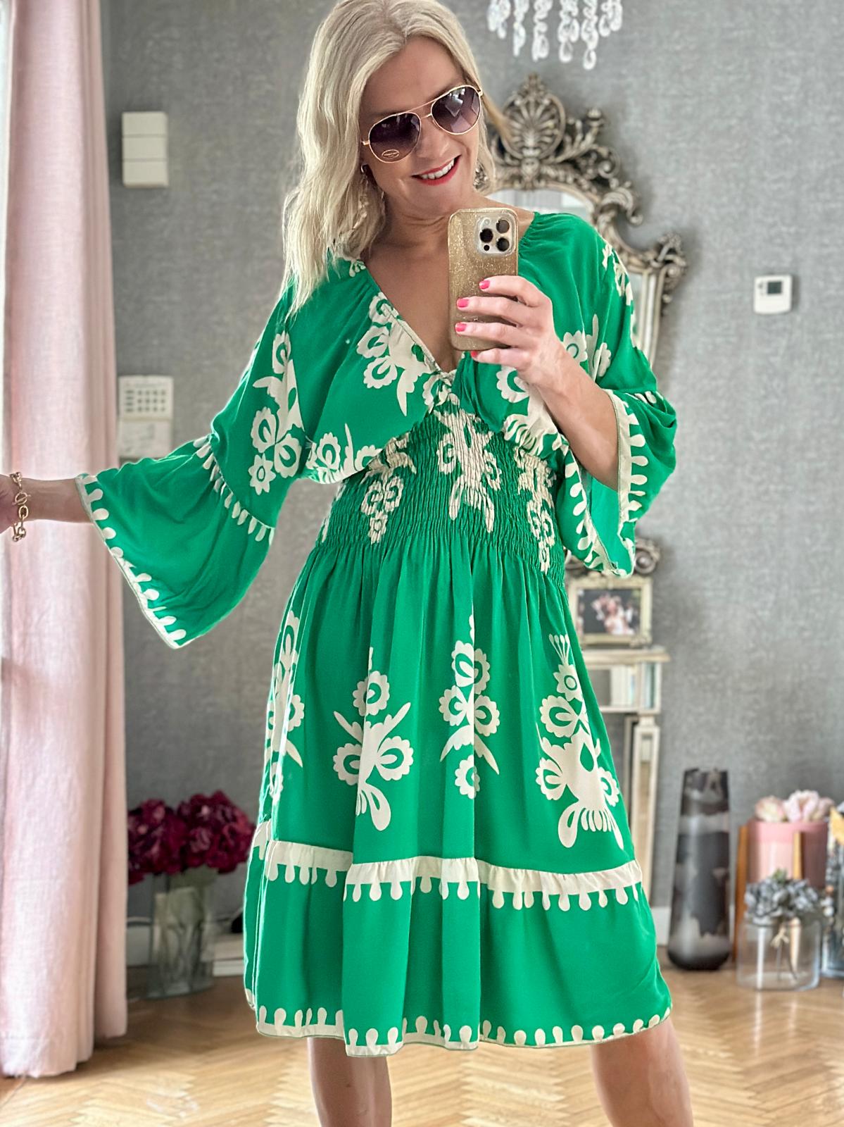 Smock Print Dress, Green
