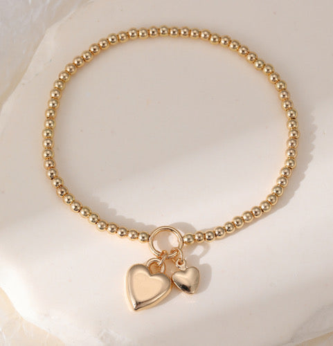 Beaded Double Heart Charm Bracelet, Gold