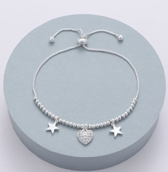 Sliver Slider Star and Heart Charm Bracelet