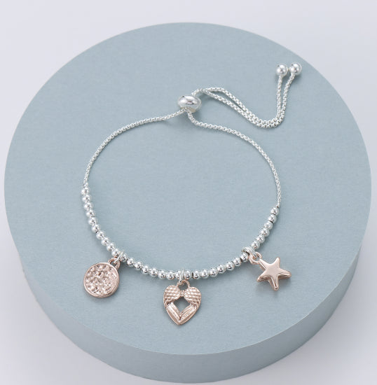 Silver Slider Bracelet with Rose Gold Charms